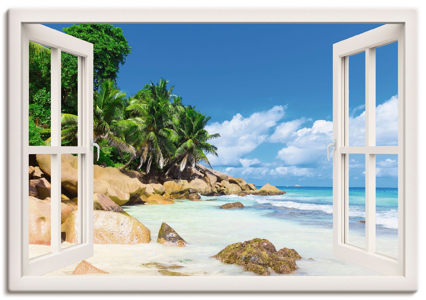 Vibrant Image Studio: Palmen-Ruhe-Ufer Fenster mit weißem 